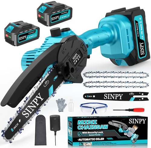 SINPY Mini tronçonneuse électrique sans fil de 20,3 cm avec 2 batteries de 4 000 mAh, petite tronçonneuse portable alimentée par batterie pour jardin, cour, arbre, coupe d'arbre, cadeau pour homme