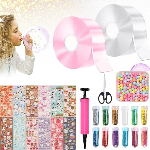 FFTANXS Nano Tape,28 Piezas Nano Tape Bubble Kit con Pegatinas de Lentejuelas,Doble Cara Transparente DIY Manualidades para Niños, Regalo Creativo Fiesta Reutilizable(Transparente & Rosa)