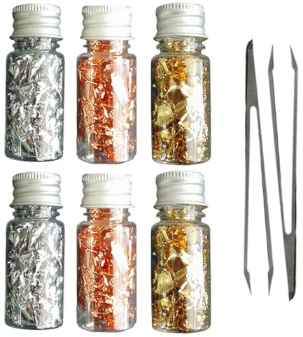JAWUZ 6 Pezzi Bottiglie Oro Alimentare Con 2 Pinzette, Foglia Oro Alimentare Per L'Uso Alimentare Perfetta Per Dolci Vino Gelati Uso In Cucina Fai Da Te, Decorazioni Torta(3Colores)