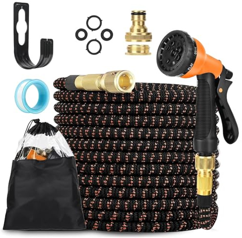 LINGKY Tubo Acqua Giardino 15 Metri, Tubo Estensibile da Giardino con 8Funzioni Pistola, Gomma Canna Dell'acqua per Innaffiare, Flessibile Pompa Allungabile Raccordo in Ottone da 1/2 3/4 Attacco