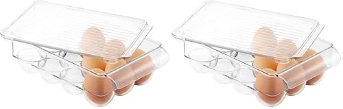 InterDesign iDesign Fridge/Freeze Binz Envase para huevos, huevera de plástico pequeña para 12 huevos, caja de huevos, transparente (Paquete de 2)