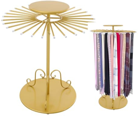 Golden Freestanding Scarf Display Rack with 30 Rods, 360° Rotating Height Adjustable Scarf Organizer, Metal Scarf Holder for Scarves, Ties, Shawls, Belts, Ideal for Boutique & Home Use