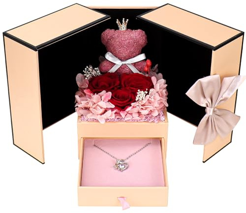 Malloom Cute Preserved Real Roses Bear Gift Box for Girlfriend,Eternal Rose Box with Heart Necklace Romantic Gift for Women,Mom,Her,Grandma, Wife,Gifts Idea on Birthday,Anniversary,Valentine's Day