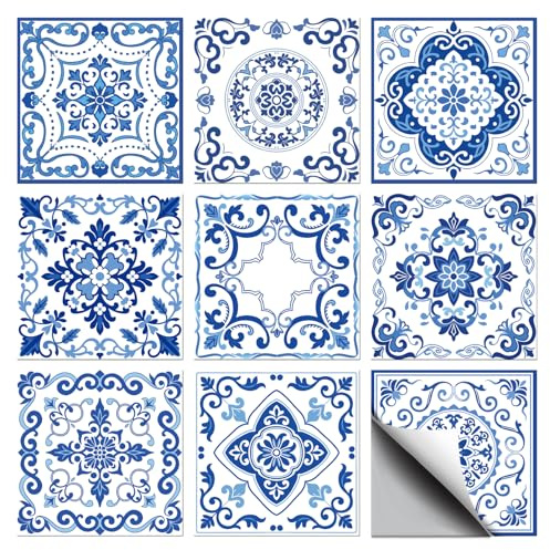 CHGCRAFT 36 Pcs 9 Style Tile Stickers Peel and Stick Wall Tile Stickers Blue and White Porcelain Shapes Waterproof Self Adhesive Stick on Tiles Decals for Kitchen Bathroom Wall Decor 4×4 Inch
