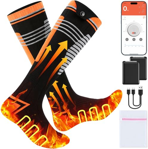 Calze Riscaldate a Batteria 6000mAh Fino a 9 Ore Riscaldamento, Calzini Riscaldanti Elettrici con App Controllo, 4 Livelli di Temperatura, Calzini Riscaldati per Donna Uomo Sci Caccia Pesca Campeggio