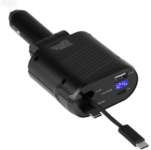 Cargador de Coche Carga rapida 4 en 1 69W con Cable Tipo-C PD30W y USB QC3.0, Adaptador Mechero Coche con Pantalla LED Voltaje, 180° Plegable, Compatible con iPhone 17/16/15/14/13, Galaxy S25/S24/S23
