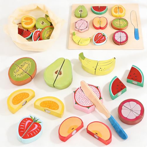 Spielküche Zubehör Holz Obst und Gemüse zum Schneiden, Holzobst zum Schneiden für Rollenspiele, Obst Schneiden Kinder Holz 12-Teiliges Set, Holzspielzeug ab 2 Jahre Geschenke für Mädchen und Jungen