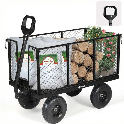 Sekey Heavy Duty Garden Trolley on Wheels, 550kg/200L XXL Metal Utility Cart, 3-in-1 Pull Wagon with Tall Removable Sides & Flatbed, 10 Pneumatic Tyres for Plants, Logs, Camping, Festivals - Black