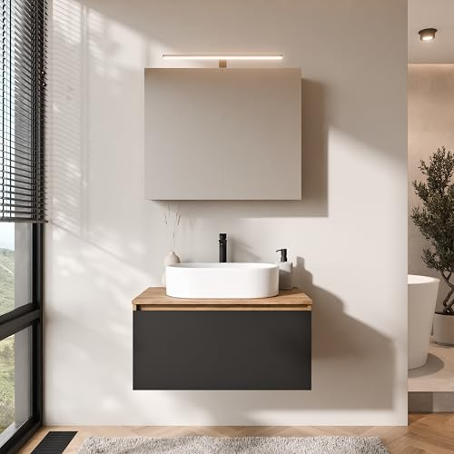 Planetmöbel Arisa Badmöbel Set Waschtisch mit Unterschrank | 80 cm, gold eiche schwarz mit ARIA Spiegelschrank, Waschbecken 55 cm gold eiche weiß, Raumsparsiphon