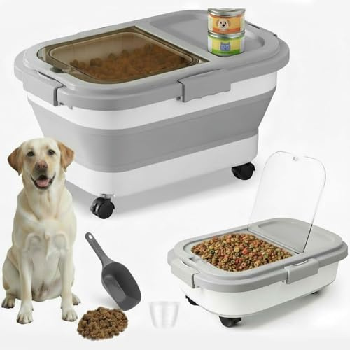 CAAGGMM Hundefutter Aufbewahrungsbox, Dog Food Container ca 6-8kg, Faltbarer Futtertonne Hund mit Messbecher und Löffel, Futterbox Hund mit Rollen, Tierfutterbehälter, Trockenfutter für Katze, Grau