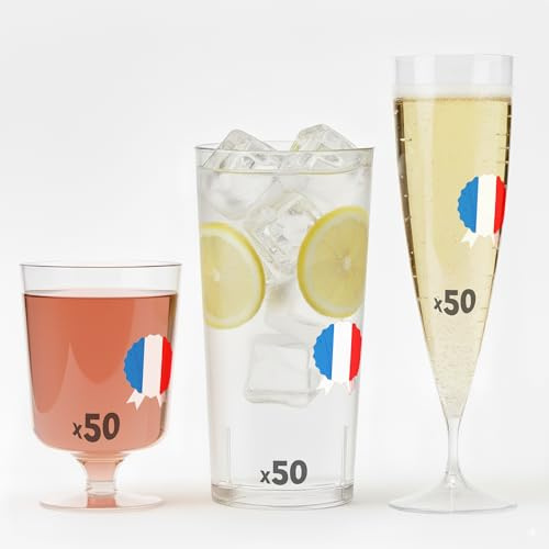 Table'Colors 150 Verres Réutilisables et Recyclables - 50 Flûtes Champagne 13,5 cl + 50 gobelets Cocktails 30 cl + 50 Verres à Vin 17 cl - Fabriqué en France, Lavable - Qualité Supérieure et Durable
