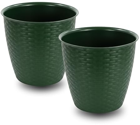 ADEPTNA Set of 2 Round 25cm Garden Plastic Rattan Plant Pots – Durable Indoor & Outdoor Planters with Drainage Holes – Weather & UV Resistant Lightweight Flower Pots – Green