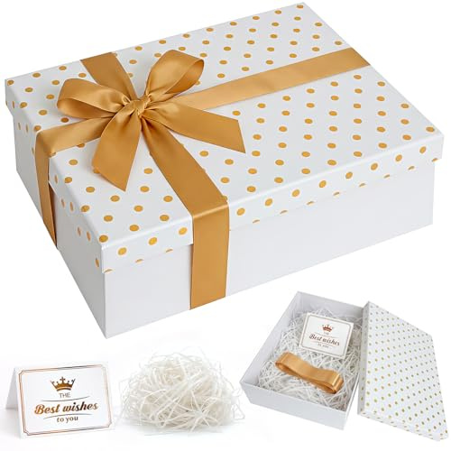 Samlior Geschenkbox 25x18x8,5cm, Punkte Geschenkkarton mit Deckel, Faltbar Geschenkboxen mit Grußkarte Raffiabast und Schleife für Geburtstag Hochzeit Jubiläum Weihnachten- Polka Dots, Weiß