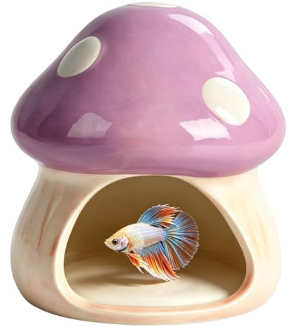 ANMOO Cute Mushroom House Betta Fish Tank Accessories Decor (Purple) | Ceramic Aquarium Decoration Hideout Cave Ornament for Small Fish, Shrimp, Goldfish and Reptiles