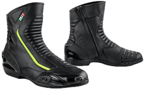BI ESSE - Motorradschuhe aus Leder, wasserdicht, atmungsaktiv, Winterstiefel für Straße, Knöchelschutz, Schwarz Fluo, 44 EU