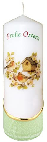 Meissner-Handel Auswahl * Osterkerze Stumpenkerze Osterdeko * 6 x 18 cm * mit farbigen Wachs- und Bildauflagen * Auswahl Motiv + Farbe * grün * (Motiv 022)