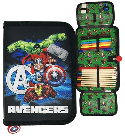 Theonoi Trousse à crayons - Trousse à 2 compartiments - Trousse d'écolier - Trousse à crayons remplie, Avangers, 20 x 14 x 3 cm, Trousse à crayons
