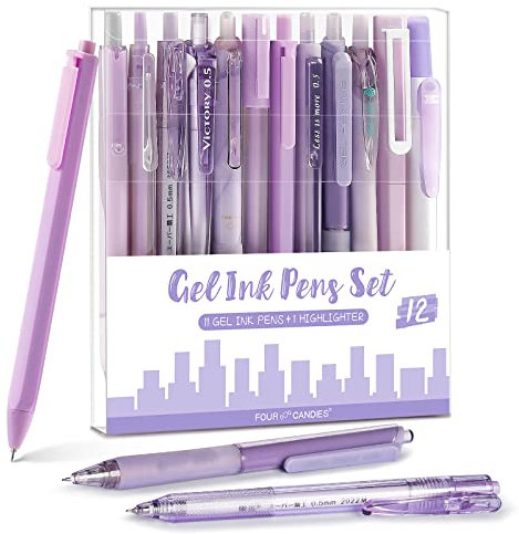 Four Candies 11 penne Gel Nera Pack,1 evidenziatore Inchiostro Nero a Scatto,Viola Corpo, Penne Sfera Gel Fusto Pastello Carino per Scrivere Diario Prendere Scuola Ufficio Casa