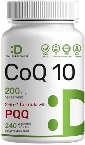 DEAL SUPPLEMENT CoQ10 200mg with PQQ 200mcg, 240 Veggie Capsules | Bioavailable Coenzyme Q10 Complex | Supports Heart, Energy & Brain Health | Antioxidant Support | Non-GMO