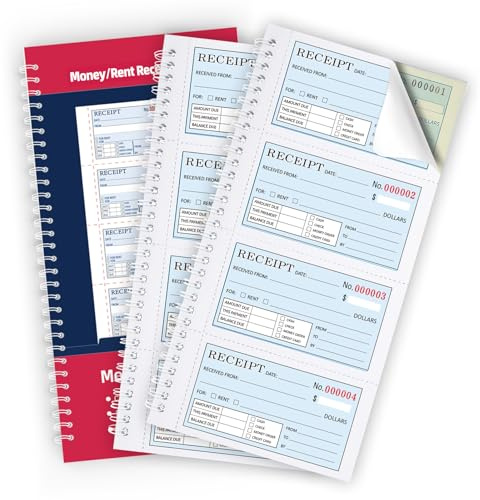Zzrywuty Two Books Money and Rent Receipt Book with Cardboard Insert,2-Part Carbonless,5.3”x11.2” Spiral Bound,200 Sets per Book,4 Receipts per Page for Office Supplier,Rent and Cash Transaction
