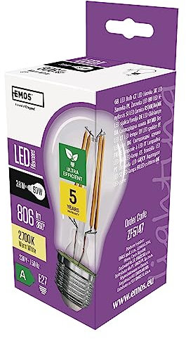 EMOS - LED-Lampe Filament A60 - A Klasse Vintage-Glühbirne - E27 Sockel - warmweiß - 806 lm - extra-sparsam, 3,8W (statt 60W Glühbirne) - 50 000 Stunden - Winkel 300 ° - CRI min. 80
