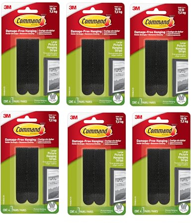 Command Lot de 6 paquets de 4 paires de 48 bandes de suspension pour photos, cadres, miroirs, décoration murale et panneaux Noir Capacité maximale 7,2 kg