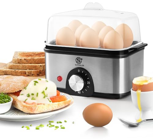 SUPERLEX Cuociuova in acciaio inox per 1-8 uova, vaporizzatore elettrico 2 in 1, con regolazione del tempo per la regolazione della durezza, timer da 60 minuti, spegnimento automatico per protezione