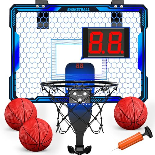HYES Panier de Basket pour Enfants avec 7 éclairages, Intérieur Panier Basketball avec 3 Modes, 3 Ballons, Pompe, Scorer, Mini Hoop Jouet de Basketball pour Cadeaux Garçons Filles, Bleu