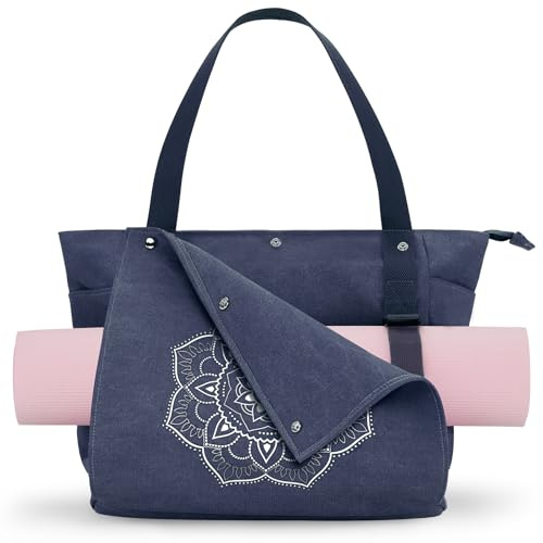Gonex Yoga Mat Bag, Yoga Gym Bag Tote Bag with Multi Pockets For Women Men, Canvas Yoga Mat Carrier Take in Out Mat Easily For Pilates Travel Workout Office, Blue