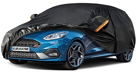 Kayme Hatchback Car Cover Waterproof Breathable, Outdoor Full Cover Rain Sun Dust All Weather Protection with Zip and Cotton Lined, Fit Ford Fiesta, VW Polo, 208, Corsa, Yaris.(Up To 415cm) Black