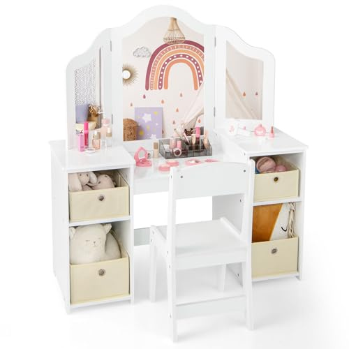 Maxmass 2 in 1 Kids Vanity and Chair, Wooden Children Dressing Table with Stool, Removable Tri-folding Mirror, 4 Storage Bins, Girls Makeup Tables Princess Dresser for 3+ Years Old (White)