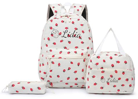 Genérico Set de Mochila Escolar Personalizada para Niñas con Nombre Bordado, Mochila 20 L en Pana Fresa, Juego de 3 Piezas (Mochila + Lonchera + Estuche) para Primaria y Secundaria (Biege)