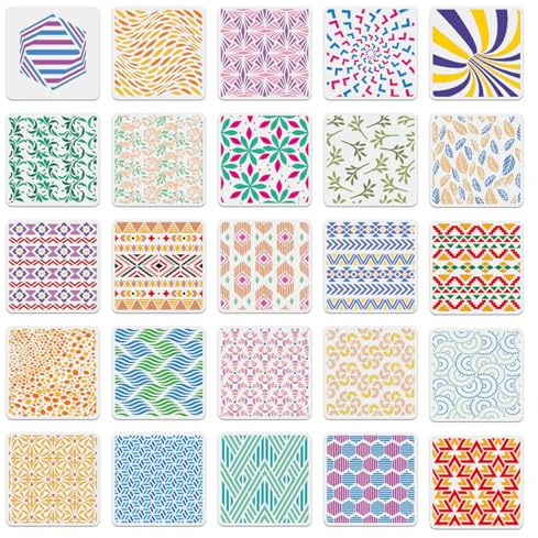 Juego de 25 plantillas de pintura de 15 x 15 cm, plantillas reutilizables con patrones geométricos, flores y ondas, plantillas de plástico para manualidades, paredes, tela, madera y álbumes de