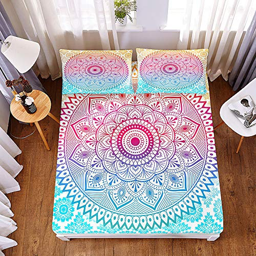 Enhome Mikrofaser Spannbettlaken, Mandala 3D Drucken Rutschfestem Spannbetttuch + 2 Kissenbezüge für Boxspringbett, Weicher Atmungsaktivem - bis 30cm Matratzenhöhe (Baby Pink,90x200x30cm)