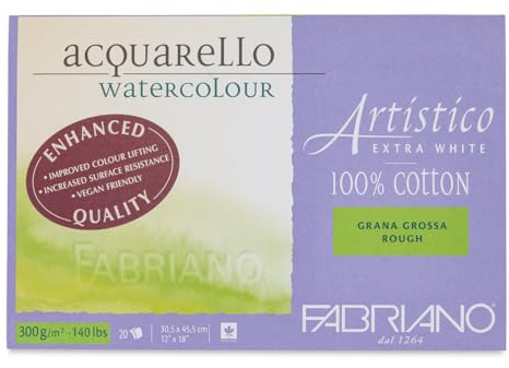 Fabriano Artistico Acquarello Watercolour, extra weiß, Grobkorn, 30,5 x 45,5 cm, 20 Blatt 300 g/m², hochwertiger Künstler-Aquarellkarton, Block 4-seitig geleimt, vegan