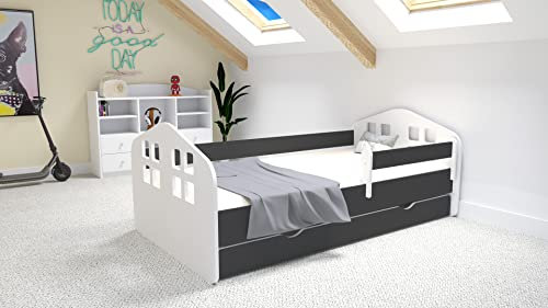 BDW Kinderbett HOUSEBETT MIT SCHUBLADE und MATRATZE - NEU, 160/180 Verschiedene Motive Für Junge! VIELE Farbe ! (Graphit, 160x80)