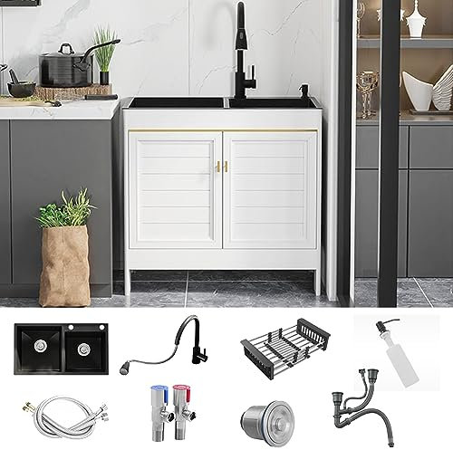 Waschbecken Küche,Spüle mit Unterschrank,Spülbecken Edelstahl,Küchenspüle,Kitchen Sink,Spülenschrank,Camping Waschbecken,Ausgussbecken,Doppelspüle,mit Wasserhahn,Seifenspender,Und Drainage-Komponenten