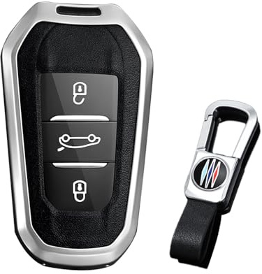 KUNIO Keyless Autoschlüssel Hülle Passt für Peugeot 3008 5008 2008 308 508 208 Passt für Citroen C3 C4 DS5 DS7 Schutzhülle Metall Schlüsseletui Schlüsselanhänger B Silber Schwarz