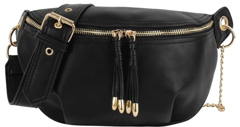 MilyaDE PU Leder Hüfttasche Golden Fransen Nieten Bauchtasche Schultertasche Umhängetasche mit Hüftgurt