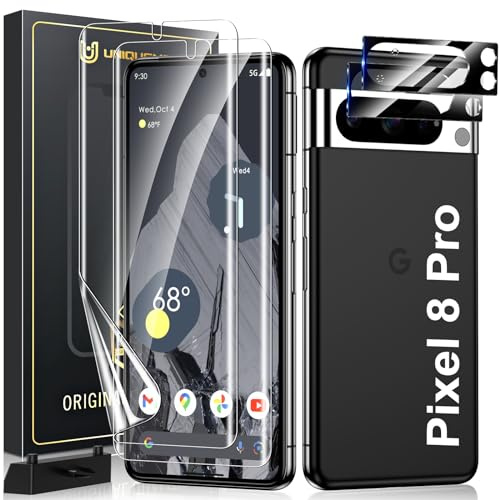UniqueMe für Google Pixel 8 Pro Schutzfolie, 2 Stück Folie und 2 Stück Kameraschutz,Premium Schutz für Pixel 8 Pro Displayschutz,Fingerabdruck-ID Unterstützen