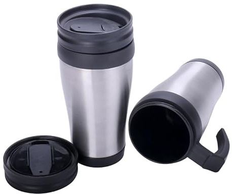 DID® Pack of 2 | Travel Coffee Mug 450ml | Stainless Steel with Plastic Liner | Insulated Thermal Hot & Cool Mug | Anti Spill Vacuum Flask | Ergonomic Handle