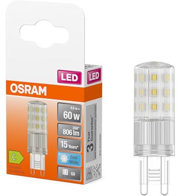 OSRAM Lampada LED multicolore LED PIN con attacco G9 retrofit, 4,9 W / 806 lm, luce bianca fredda e trasparente con 4000 K, non dimmerabile, IP20, vetro senza piombo, diametro 18 mm.