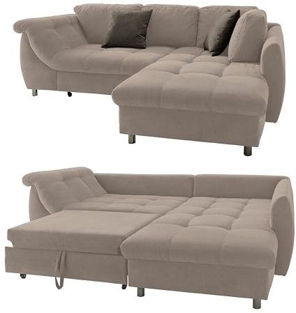 Ecksofa mit Schlaffunktion und Bettkasten B250/T190/H84 cm, Wellenunterfederung und Komfortschaum, Longchair Ottomane rechts, Bezug Mikrofaser in Hell-Braun, 2 Zierkissen Grau-Braun / 17009