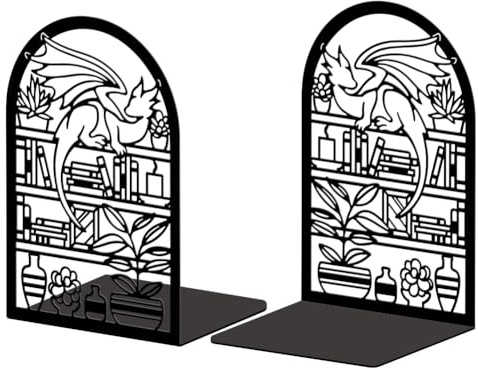 Peacoblue Serre Livre Original Metal Noir, Serre-Livres Dragon Dessin Animé Et Bibliothèque Design Moderne Serré Livre Decoratif Bureau pour Bureau, Cuisine, Étagère et Bibliothèque, 1 Paire