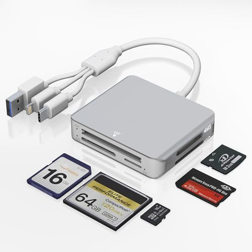 Lettore di schede Memory Stick Pro Duo 5 in 1 SD/TF/MS/CF/XD per iPhone/computer/dispositivo USB-C, Lightning in alluminio + USB A+USB C XD, supporto OTG, trasferimento dati veloce