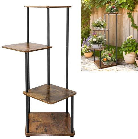 Blumentreppe Metall Blumentisch Blumenregal Outdoor, Blumentreppe Holz Pflanzenständer Pflanzenregal Vertical Garden Blumenhocker 4 Etagen 4 Topf für Mehrere Pflanzen Eckpflanzentisch, 80x53x30cm