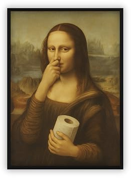 dockyardos® Witziges Badezimmer-Poster – Mona Lisa hält sich die Nase zu und hält Klopapier – Humorvolle Deko fürs Gäste-WC oder Bad