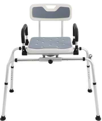 360° vridbar och glidbar duschpall upp till 100 kg, 12-stegs badkarsöverföringsbänk (35–47 cm) med sugkoppsfötter och hopfällbara armstöd, duschstol för seniorer med dräneringshål och krokar