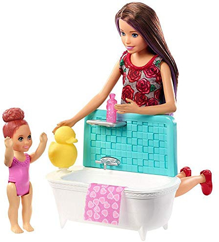 Barbie FXH05 Babysitters Inc Playset with Bathtub, Babysitting Skipper Small Toddler Doll with Button to Move Arms, Multicolour