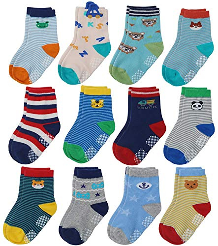 YANWANG 12 Pares de Calcetines de Algodón Antideslizantes Con Agarre para Bebés y Niños Pequeños(2#Animal,3-12 meses)